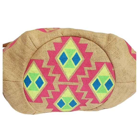 Billabong Boho Tote Beach Bag Southwest Purse Aztec Burlap Lined Hobo Tan Pink - Picture 3 of 16